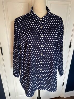Talbots Navy Blue and White Polka Dot Button-Down Shirt Size 2X Petite